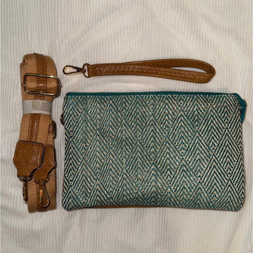 Jen&Co. Teal and Tan Geometric Clutch with Strap/Wristlet